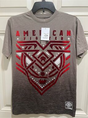 American Fighter Taupe Gradient Tee with Red Graphic woman’s XS